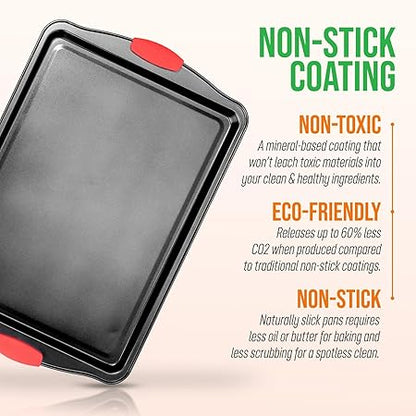 NutriChef Large Nonstick Cookie Sheet for Baking - 17" x 11" Carbon Steel Kitchen Oven Baking Pan, Premium Restaurant Grade Bakeware wRed Silicone Handles - Easy to Clean, Black
