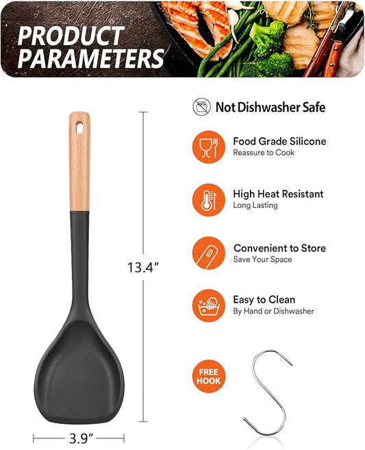 Non-stick silicone spatula, anti-scratch flexible edge for pans, comfortable non-slip wooden handle, heat resistant, BPA-free kitchen spatulas for cooking, 13.2 inches