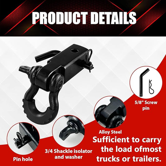 2" Tow Hitch Receiver with 58" Screw Pin,34 Shackle,45000Lbs Break Strength Heavy Duty Receiver Kit Fit for Vehicle Recovery Off-Road