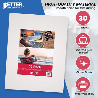 Better Office Products Glossy Photo Paper, 8.5 x 11 Inch, 30 Sheets, 200 gsm, Letter Size, 23-Count Pack