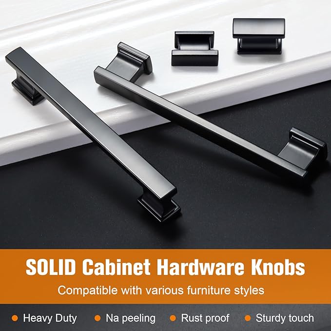 10 Pack Square Matte Black Cabinet Pulls, 5 Inch(128mm) Hole Centers Kitchen Cabinet Handles Drawer Pulls Kitchen Hardware for Cabinets,Cupboard Closet Bathroom Dresser, Solid Zinc Alloy