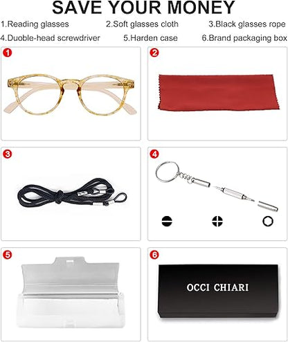OCCI CHIARI Reading Glasses 5.0 Stylish Round Readers for Women 1.0 1.25 1.5 1.75 2.0 2.25 2.5 2.75 3.0 3.5 4.0 5.0 6.0(Yellow,5.0)