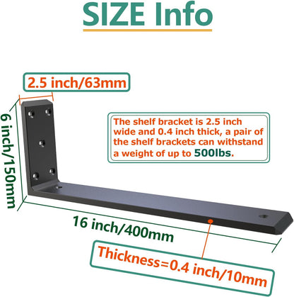 3 Pack 16inchCountertop Support Brackets, Heavy Duty Industrial Hidden Shelf Bracket, Metal Floating L Brackets for Shelves Hardware Support DIY Aufuga (3pcs, 16x6x2.5) (Includes 20 Screws)