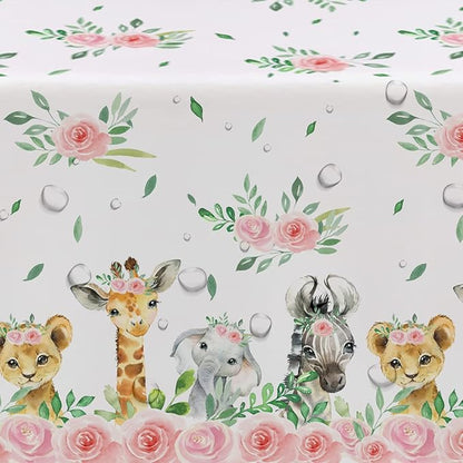 Safari Tablecloth for Girls - Disposable Jungle Party Tablecover Supplies, Jungle Animal Safari Theme Birthday Baby Shower Table Cloth Decorations - 4 Pack (54in x 108in)