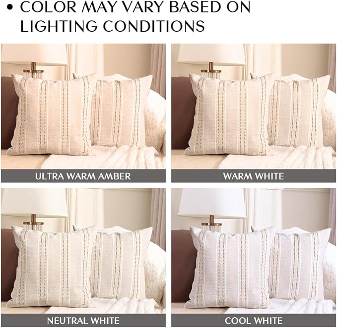AELS 24x24 Decorative Farmhouse Linen Throw Pillow Covers, Boho Textured Pillow Case, Set of 2, Beige with White & Brown Stitch Yarn Dyed Stripe Cushion Cover for Sofa Couch Living Room (Cover ONLY)