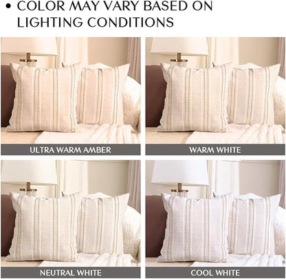 AELS 24x24 Decorative Farmhouse Linen Throw Pillow Covers, Boho Textured Pillow Case, Set of 2, Beige with White & Brown Stitch Yarn Dyed Stripe Cushion Cover for Sofa Couch Living Room (Cover ONLY)