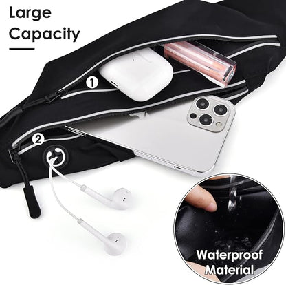 Running Belts for Men Women, Running Fanny Pack with 2-Zipper Pockets, Waterproof Waist Pack Phone Bag Carrying All Phones, Reflective Runners Belt Jogging Pocket Belt