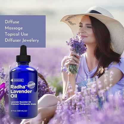 Radha Beauty - Lavender Essential Oil 4oz - Premium Therapeutic Grade, Steam Distilled for Aromatherapy, Relaxation, Laundry, Meditation, Massage, Yoga, Relief