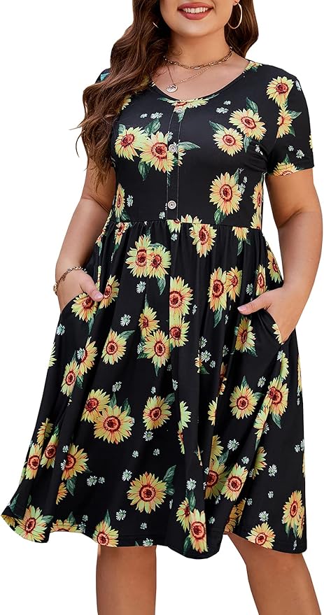 BEDOAR Women's Short Sleeve Colorblock Button Down Knee-Length Flared A-Line Casual