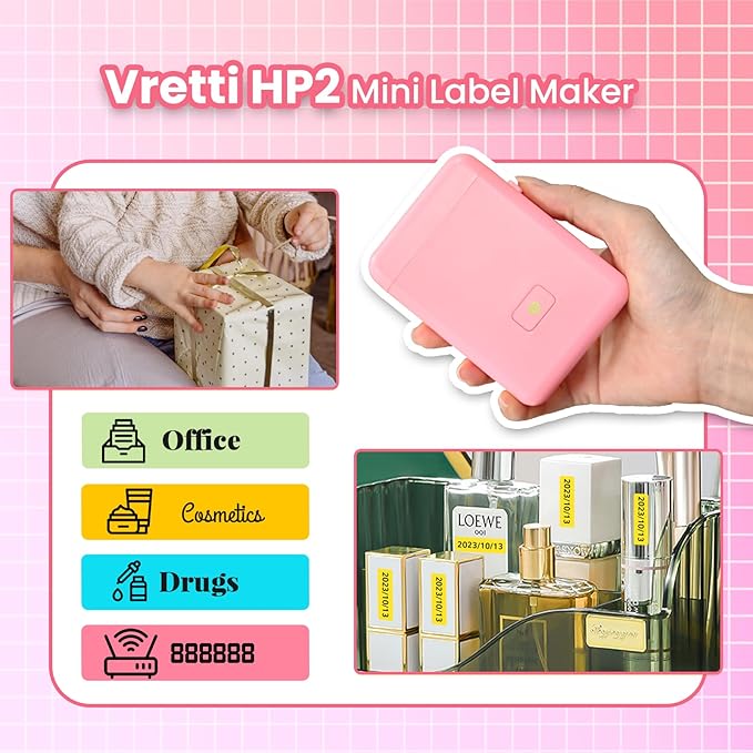 vretti Label Maker Machine with Tape, HP2 Portable Bluetooth Label Printer for Storage, Shipping, Barcode, Office, Home, Organizing Mini Sticker Label Maker with Multiple Templates (Pink)