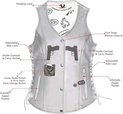XS1029 Women's 'Paisley' Black Motorcycle Leather Vest with Side Lace Adjustment