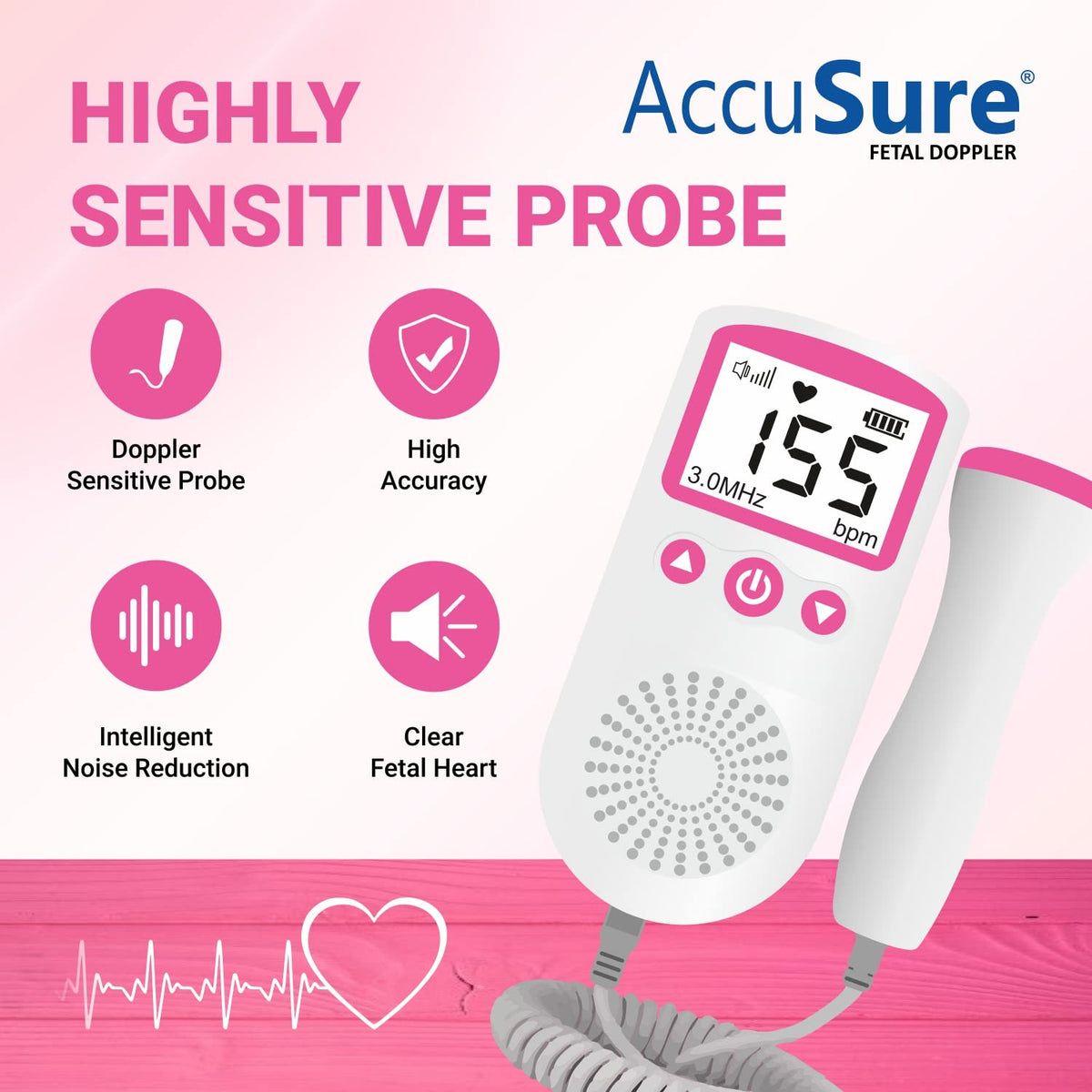 AccuSure Fetal Doppler Heart Rate Monitor, Headphone Jack Built in Speaker - (White and Pink).