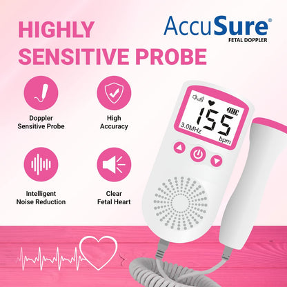 AccuSure Fetal Doppler Heart Rate Monitor, Headphone Jack Built in Speaker - (White and Pink).