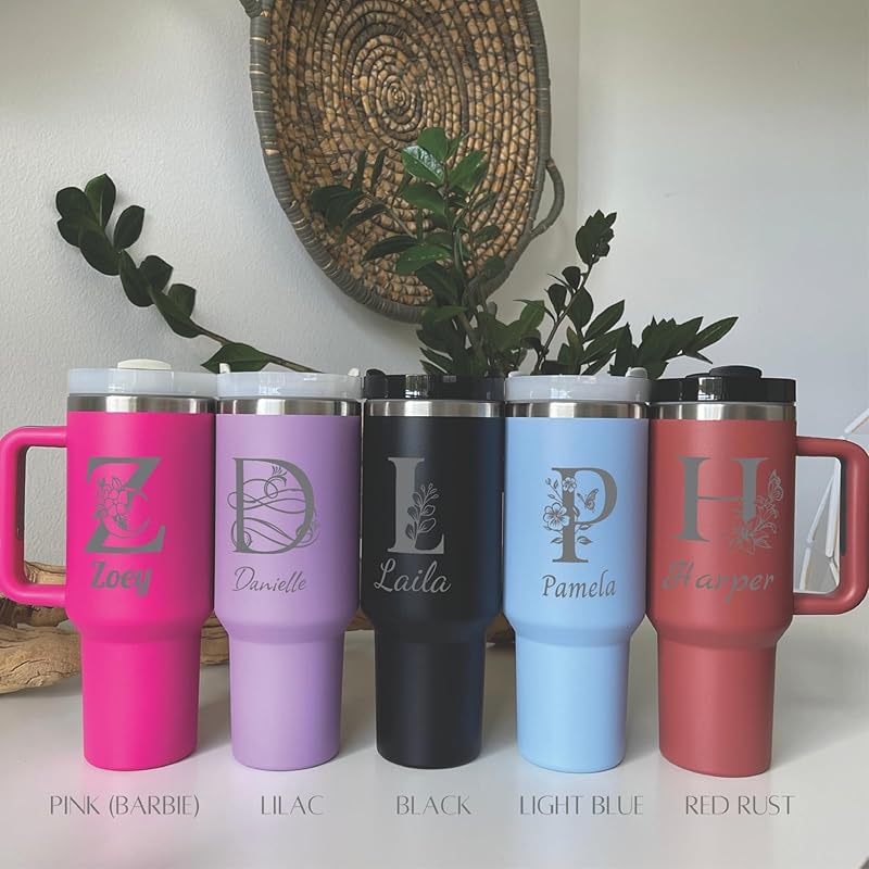 Personalized 40 oz Tumbler With Engraved Name, Custom Monogrammed Initial Thermos With Handle, Customized Birthday Gift Cup For Women, Bridesmaid Coffee Mug With Straw
