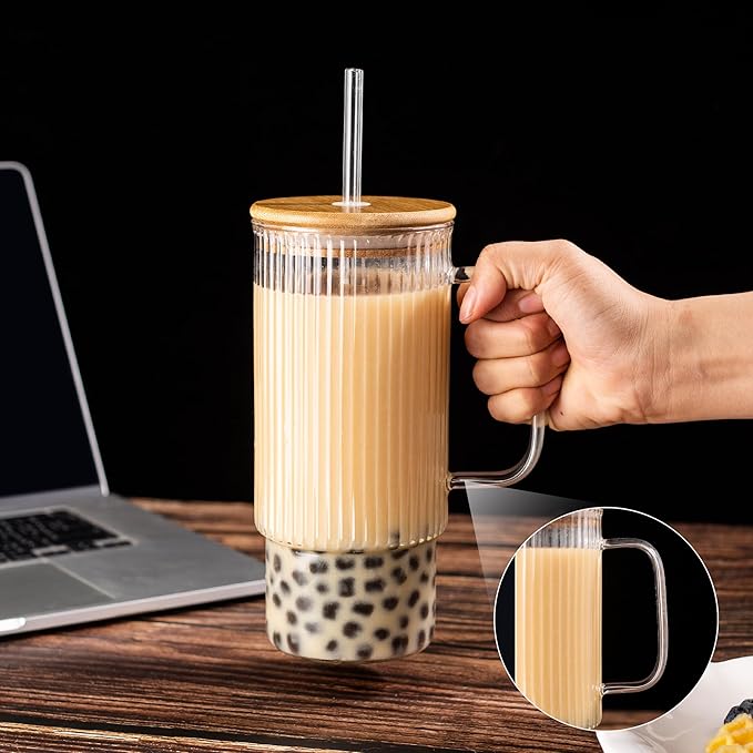32oz Ribbed Glass Cup with Handle Bamboo Lid and Straw, Glass Tumbler, Iced Coffee Cups Hot/Cold Drink