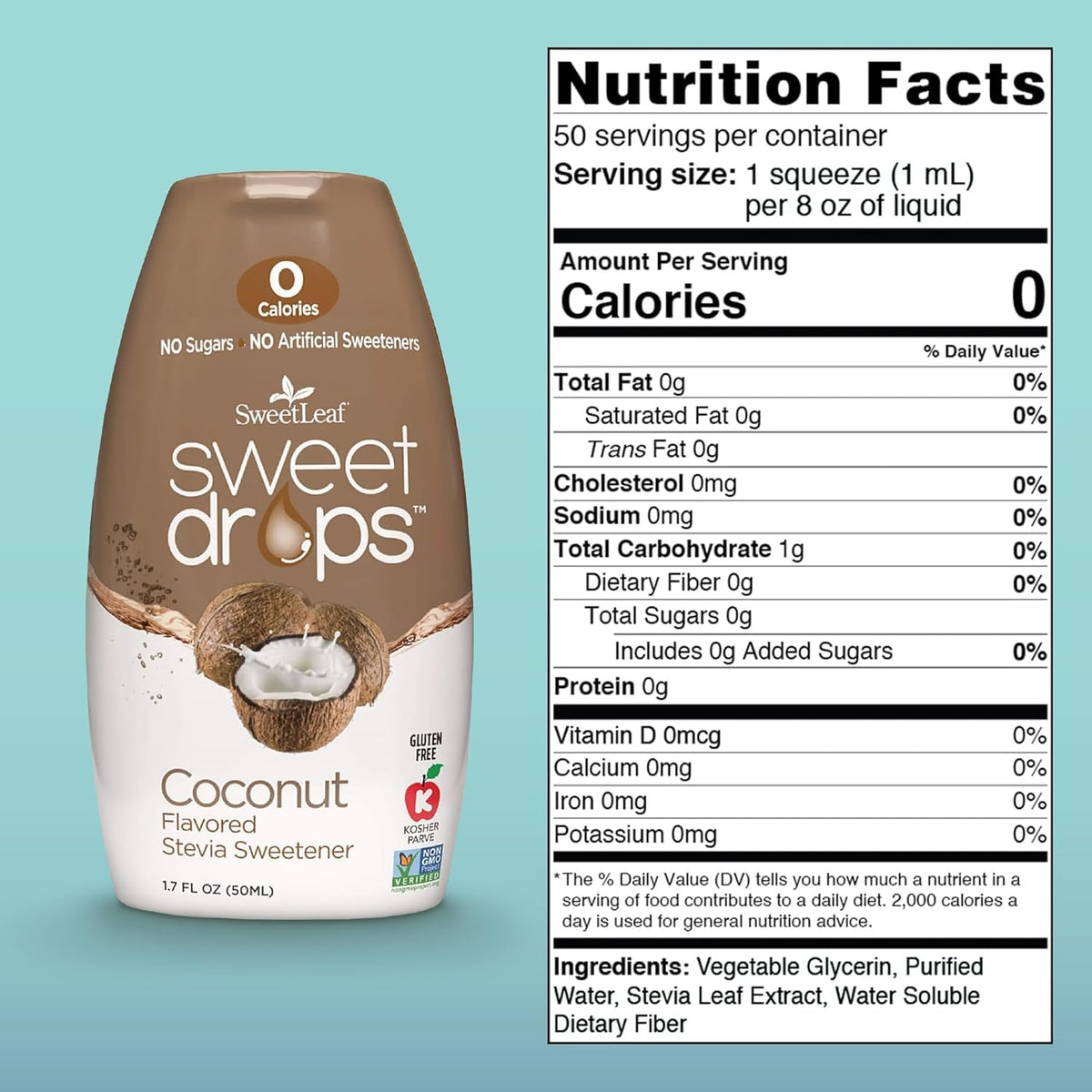SweetLeaf Sweet Drops - Flavored Stevia Liquid Sweetener, Stevia Extract, Zero Calories, Gluten Free, Keto Friendly, Non GMO, Natural Flavors, Sugar Alternative - Coconut, 1.7 Fl Oz (Pack of 1