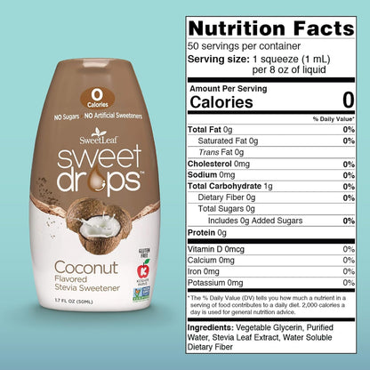 SweetLeaf Sweet Drops - Flavored Stevia Liquid Sweetener, Stevia Extract, Zero Calories, Gluten Free, Keto Friendly, Non GMO, Natural Flavors, Sugar Alternative - Coconut, 1.7 Fl Oz (Pack of 1