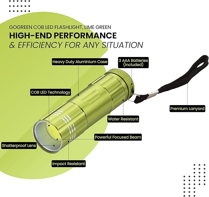 GoGreen Power GG-113-COBLM - COB LED Flashlight with batteries, Lime Green