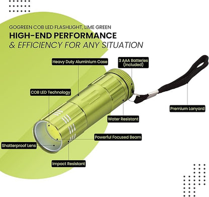 GoGreen Power GG-113-COBLM - COB LED Flashlight with batteries, Lime Green