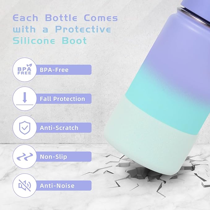 Volhoply 14oz KIds Stainless Steel Insulated Leakproof Bottles Water Bottle with Straw Lid and Silicone Boot,BPA-Free Easy Use for Boys&Girls,Double Wall Vacuum Bottles(Purple Blue,1)