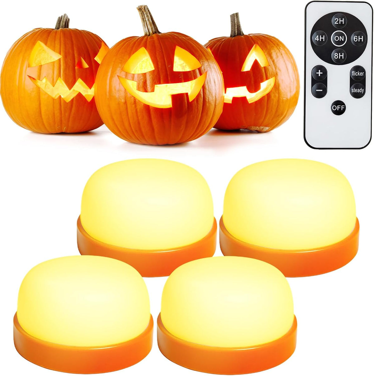 PTYcrazy Halloween Pumpkin Lights, LED Pumpkin Lights with Remote and Timer,Jack-O-Lantern Light for Halloween Decor,Battery Operated, Bright Flickering Flameless Candle Set 4 Pack