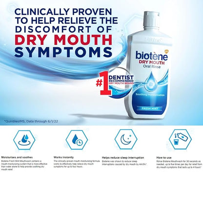 Biotene Alcohol-Free Moisturizing Dry Mouth Oral Rinse Mouthwash, Mint, 16 oz, for Children and Adults (Pack of 1)
