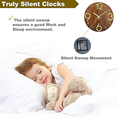 12 inch Luminous Wooden Round Silent Non-Ticking Quartz Wall Clocks, Large Numbers and Hands, Easy to Read Both Day and Night (Large Digital)