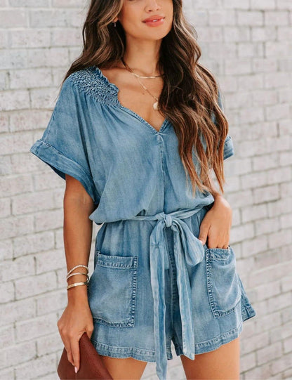Kwoki Women's Ruffle V Neck Denim Shorts Jumpsuit Short Sleeve Poccketed Jean Rompers with Belt