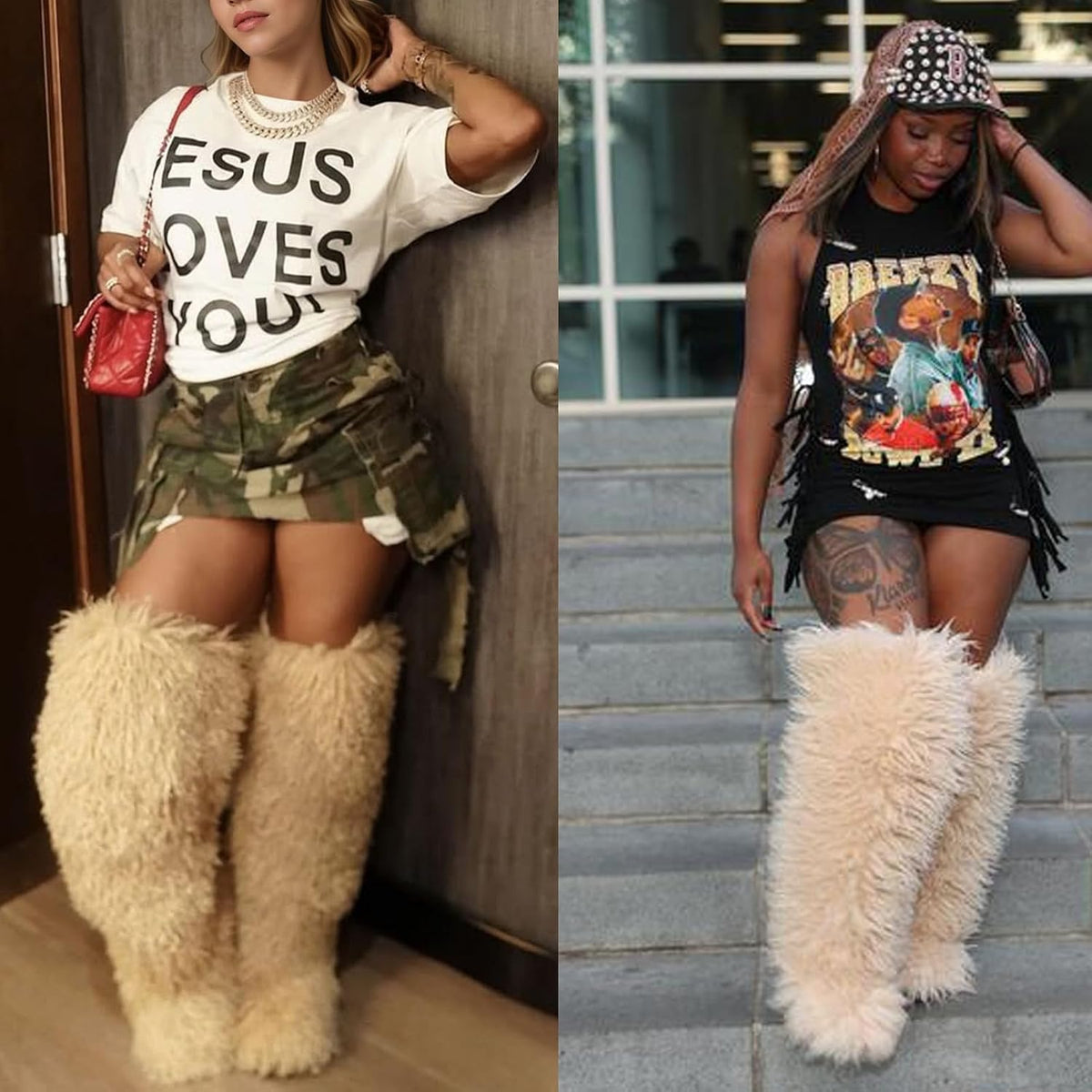 YXCFEWD Over the Knee Faux Fur Boots for Women 29 inchs Winter Thigh High Boots Fluffy Furry Snow Boots
