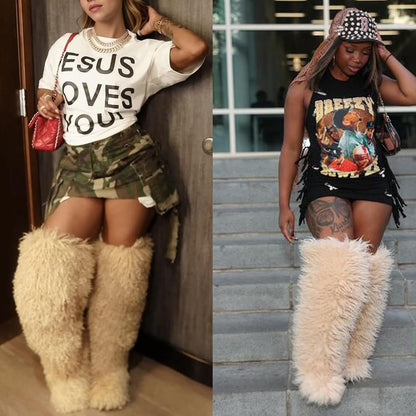 YXCFEWD Over the Knee Faux Fur Boots for Women 29 inchs Winter Thigh High Boots Fluffy Furry Snow Boots