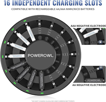 POWEROWL 16 Bay AA AAA Battery Charger (Updated, High Speed Charging) with Smart LED Light and Plug, for NIMH NICD Rechargeable Batteries and More