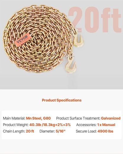 VEVOR Transport Binder Chain, 4900lbs Working Load Limit, 5/16''x20' G80 Tow Chain Tie Down with Grab Hooks, DOT Certified, Galvanized Coating Manganese Steel for Dock Factory Construction Site, 2Pack