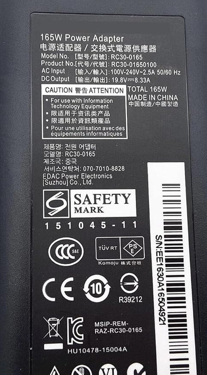 19.8V 8.33A 165W AC Adapter RC30-0165 RC30-01650100 Compatible for Razer Blade Pro RZ09-0220 RZ09-0195 Power Supply