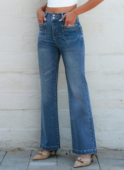 Sidefeel Women's Wide Leg Jeans High Waisted Tummy Control Stretchy Pockets Front Straight Leg Jeans