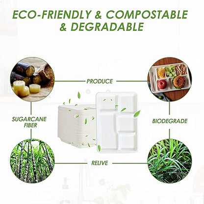 Vplus 100 Compostable 5 Compartment Paper Plates, 100 Pack, 12.5 x 8.6 inch Disposable School Lunch Trays, Eco-Friendly Bagasse Plates for Buffet, and Party