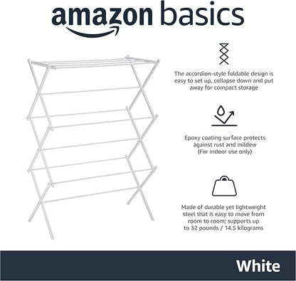 Basics Foldable Portable Laundry Rack for Air Drying Clothing, Indoor Outdoor Use - 14.5" D x 29.5" W x 41.8" H, White