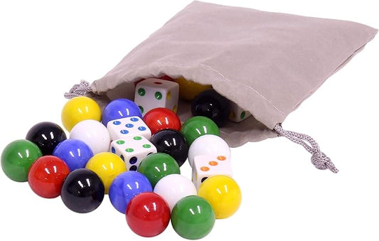 AmishToyBox.com Game Bag of 24 Large Glass Marbles (18mm Diameter) and 6 Dice for Aggravation Game