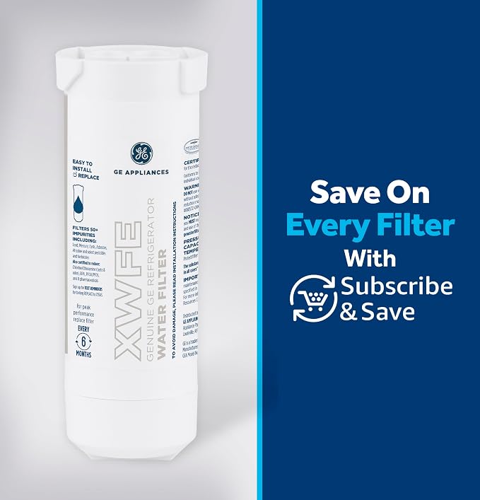GE XWFE Refrigerator Water Filter, Genuine Replacement Filter, Certified to Reduce Lead, Sulfur, and 50+ Other Impurities, Replace Every 6 Months for Best Results, Pack of 1