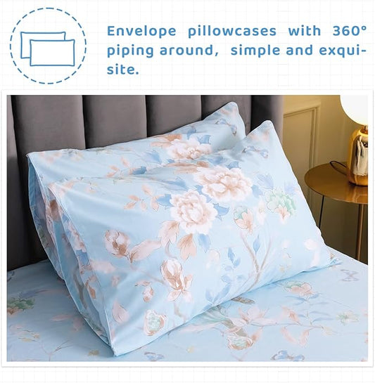 QSH Floral Bed Sheets Set Queen Size - Luxury Bird Butterfly Print Bed Sheet Set - 100% Egyptian Cotton Extra Soft and Breathable - 4 pcs Deep Pockets Flower Bed Sheets