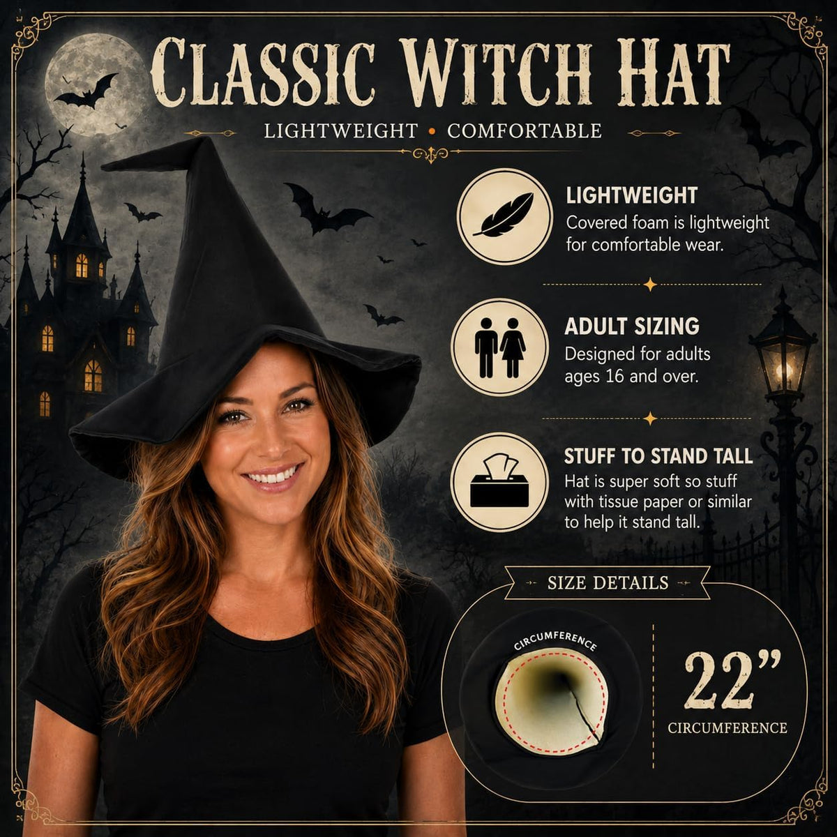 Beistle Satin-Soft Black Witch Hat – Pointed Halloween Costume Headwear, Satin-Covered Foam Wizard Accessory for Cosplay, Theatrical Performances, Haunted Events and Trick-or-Treat, Adult Size