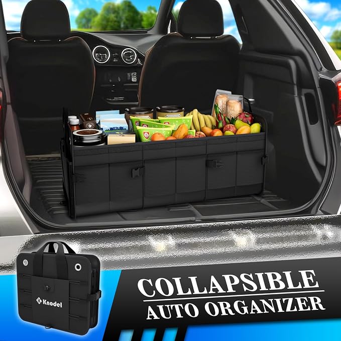 K KNODEL Car Trunk Organizer, Foldable Cover, Heavy Duty Collapsible Truck Storage Organizer, Car Cargo Trunk Organizer with Lid, 3 Compartments, (Black)
