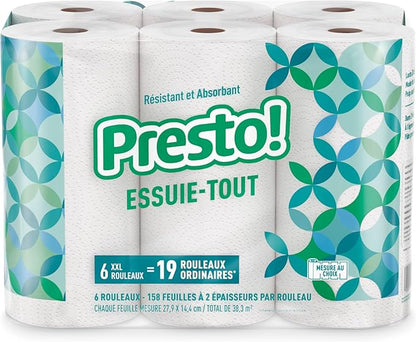 Amazon Brand - Presto! Ultra-Strong Premium Paper Towels, 158 Sheet Huge Roll - Flex-a-Size, 12 Rolls (2 Packs of 6), Equivalent to 38 Regular Rolls, White