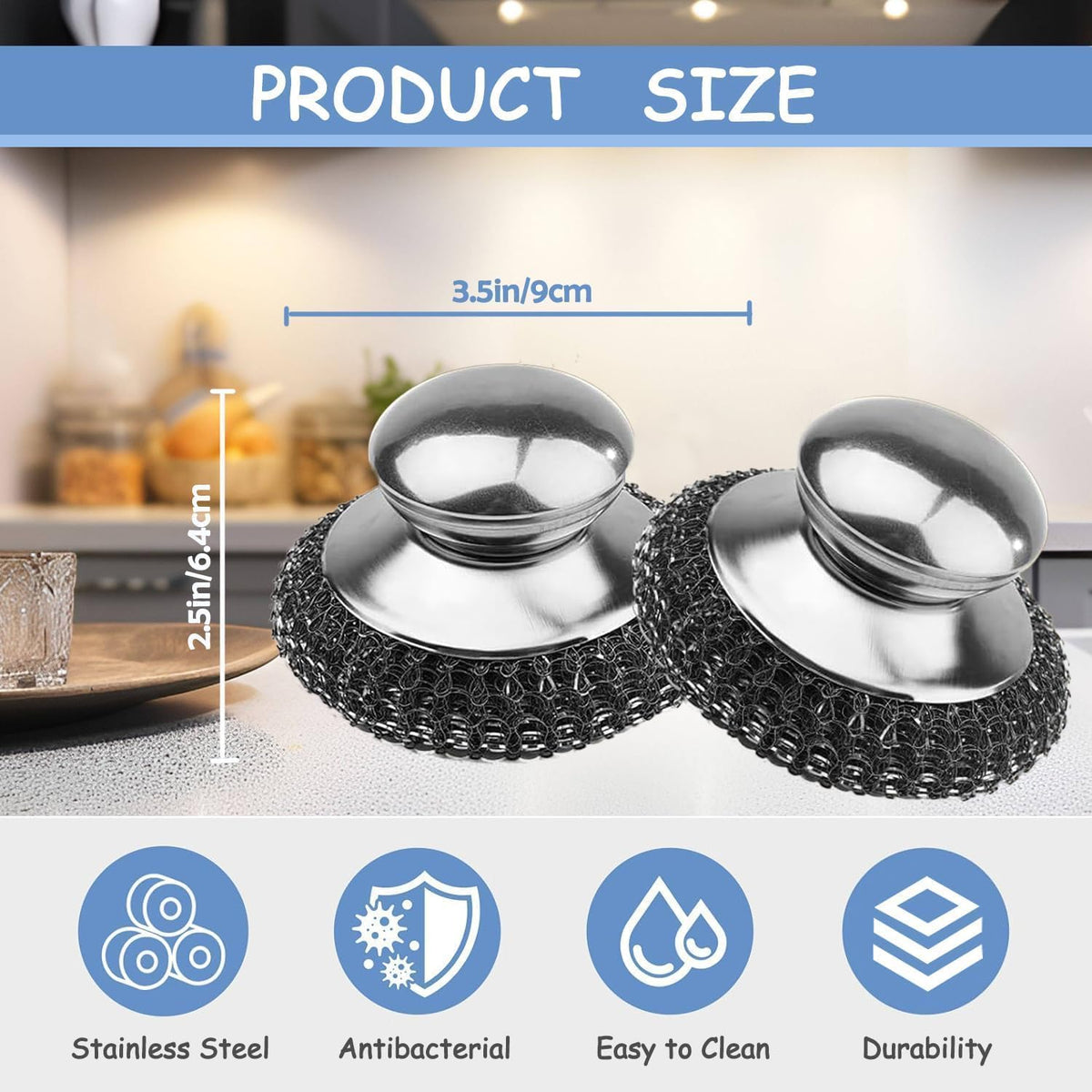 Stainless Steel Kitchen Pot Brush with Handle Wire Ball Cleaning Tools Home Kitchen Dish Washing Accessories (Has Small Dent)