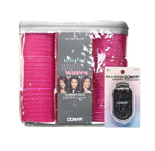 Conair Self Grip Extra Large Hair Rollers 9 Pack With Storage Bag And 75ct Black Bobby Pins