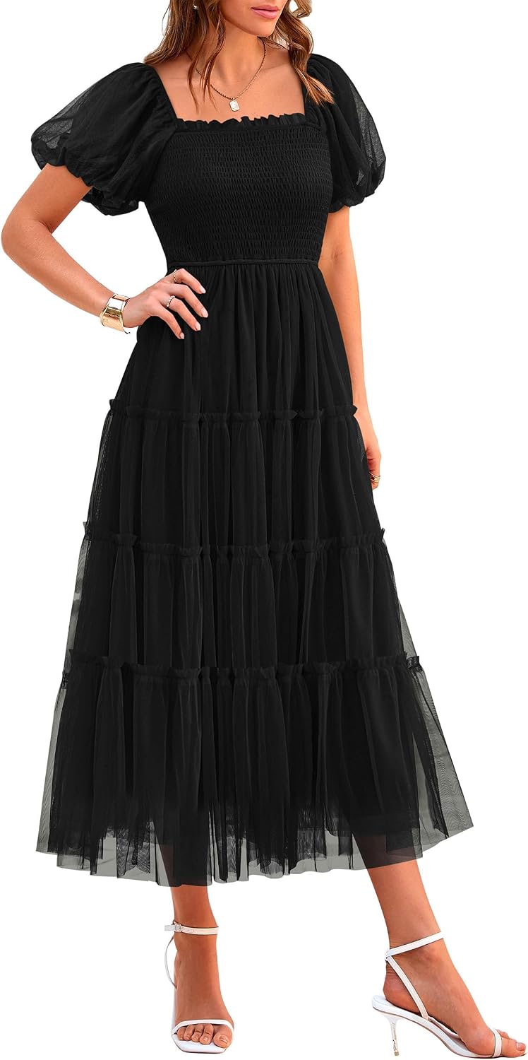 Midi dress with smocked bodice, puffy sleeves, and ruffled tulle skirt for weddings, parties, or casual wear.