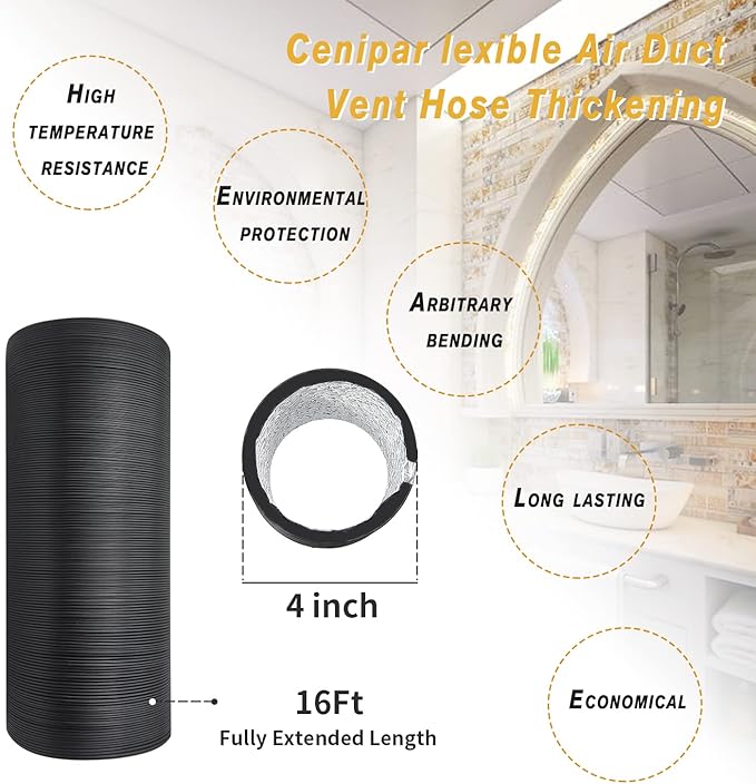 Black Dryer Vent Hose 4 Inch Insulated Flexible Duct 16FT with 2 Clamps Adjustable Black Air Aluminum Ducting Heavy-Duty Three Layer Protection Used in Air Duct Fan Systems by Cenipar