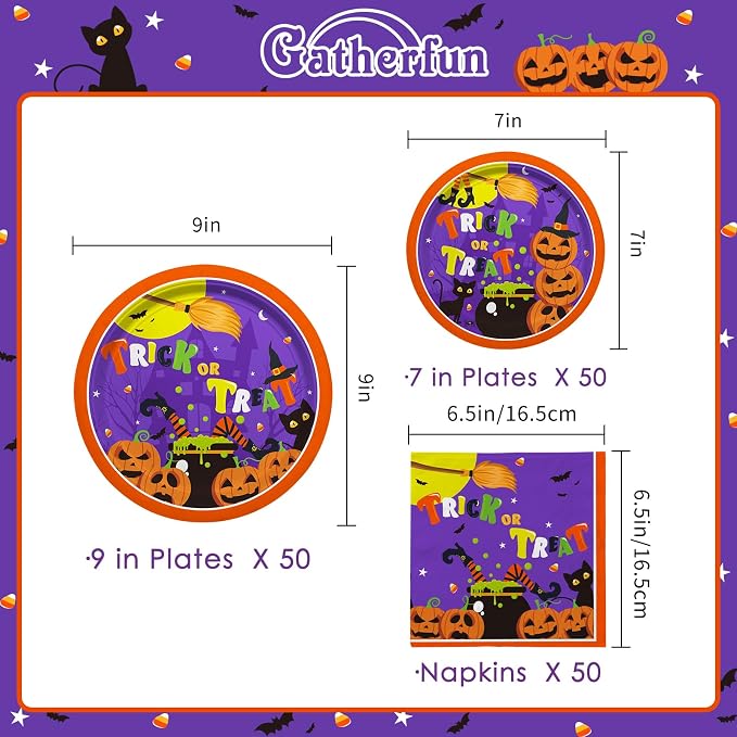 Halloween Party Supplies Kit Serve 50?Halloween Witch Pumpkin Design Includes Disposable Dinner Plates, Dessert Plates and Napkins, Birthday Party Decorations (Comes With Napkins and Small Plates only)