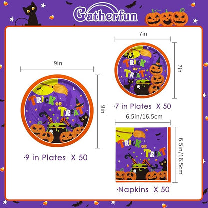 Halloween Party Supplies Kit Serve 50?Halloween Witch Pumpkin Design Includes Disposable Dinner Plates, Dessert Plates and Napkins, Birthday Party Decorations (Comes With Napkins and Small Plates only)