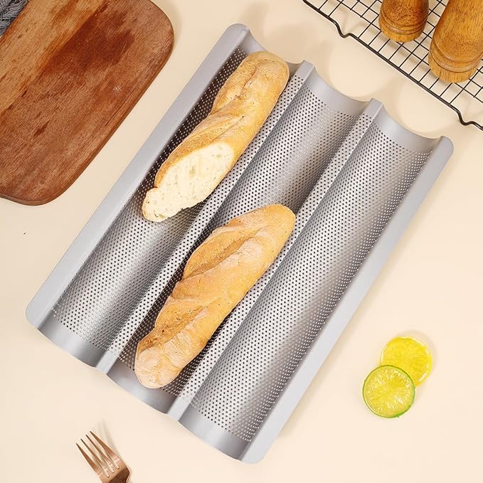 Hesanzol Baguette Pans for Baking 15" x 11", 3 Loaf Carbon Steel French Bread Pan Nonstick Perforated Baguette Baking Tray Silver