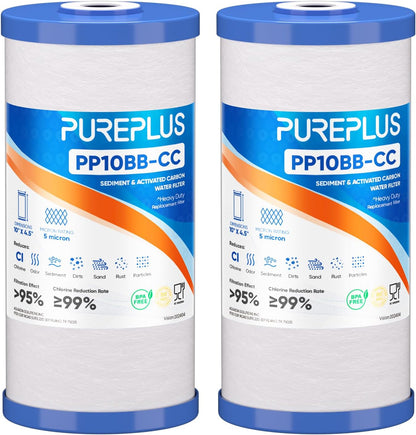 (1PC) PUREPLUS 5 Micron 10" x 4.5" Whole House Sediment and Carbon Water Filter Replacement Cartridge for GE FXHTC, GXWH40L, GXWH35F, GNWH38S, Culligan RFC-BBSA, WRC25HD, PP10BB-CC, Pentek RFC-BB